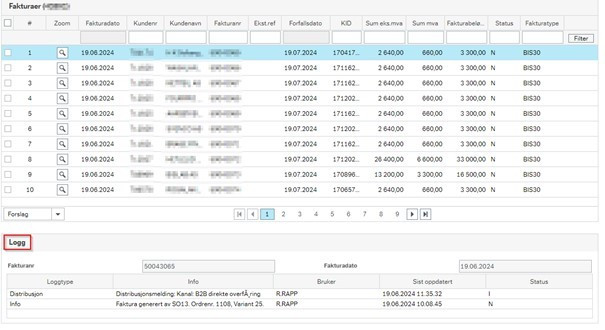 Skjermbilde av Fakturaoversikt og Logg