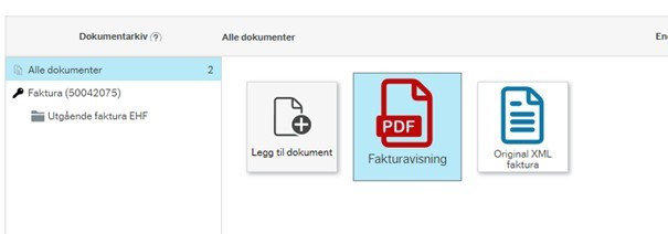 Skjermbilde av Fakturaoversikten som viser vedlegg i PDF og XML