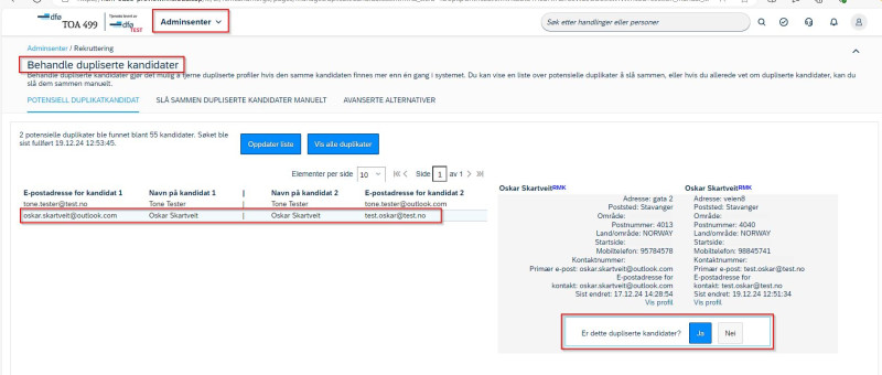 bilde som viser hvor du klikker for å velge at det er to kandidater som er duplikat
