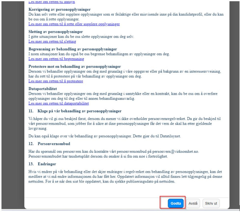 Bilde som viser personvernerklæringen som må godtas. 