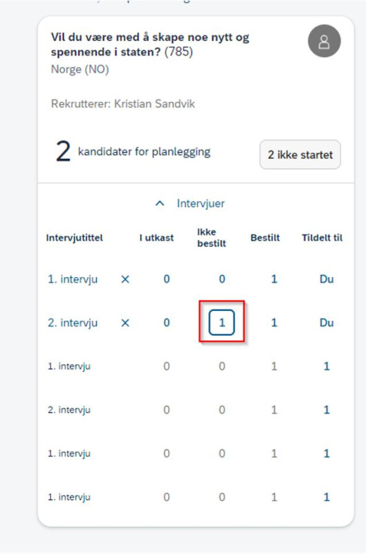 Bildet viser hvordan arrangør velger intervjuet som skal behandles. 