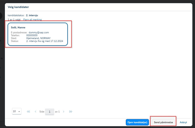Bildet viser hvor kandidat trykker for å sende påminnelse. 