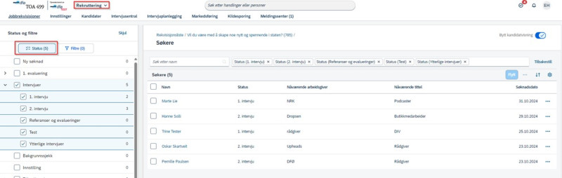 Bildet viser oversikt over kandidater som ligger i status intervju.