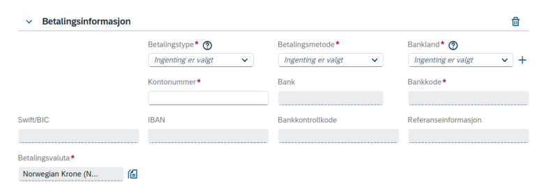 Skjermbildet viser feltene for registrering av bankkonto