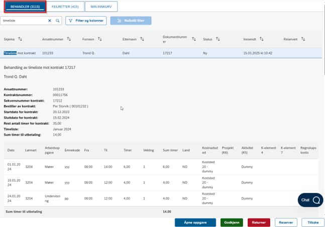 Bilde som viser forhåndsvisning av Timeliste mot kontrakt i innkurven i selvbetjeningsportalen.