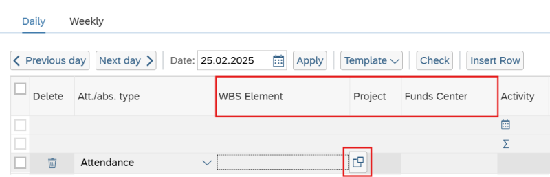 Image showing  the WBS Element and Funds center