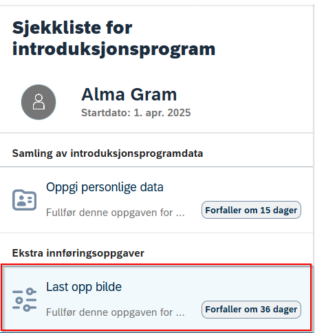 Bildet viser hvor oppgaven Last opp bilde ligger på startsiden i introduksjonsprogram