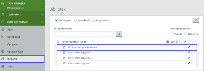 Oppgavemalen legger seg som en egen linje i seksjonen "Interne oppgaver kunde" i menyvalget Bibliotek i Task Manager