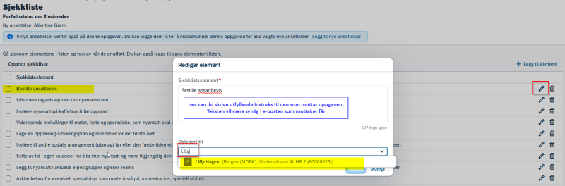 Skjermbilde av sjekkliste i system. 
