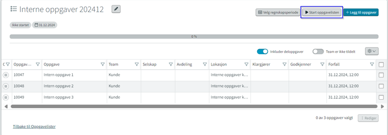 Valget Start oppgavelisten ligger oppe til høyre i bildet, som valg nummer to. 