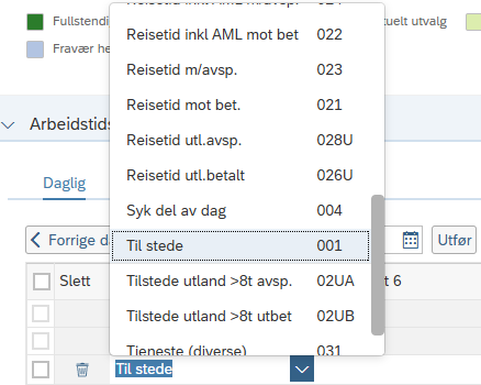 Bildet viser hvordan du kan velge fraværs- eller tilstedetype