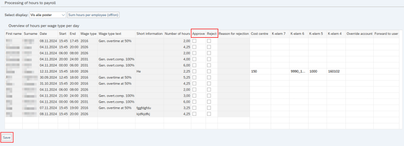 image showing approve and reject columns and the save button