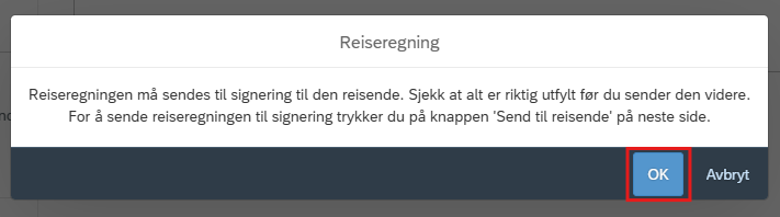 Bildet viser en dialogboks som kommer opp når man trykker gå til innsending, som ber deg om å bekrefte at alt er riktig utflylt. 