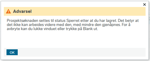 Pop-up med advarselstekst om at status settes til Sperret etter at du har lagret.