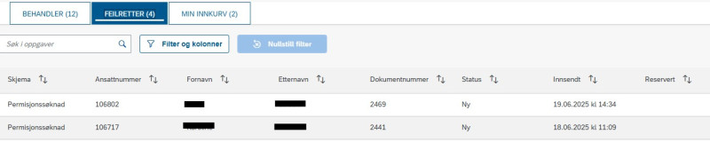 bildet viser fanen feilretter i ny innkurv