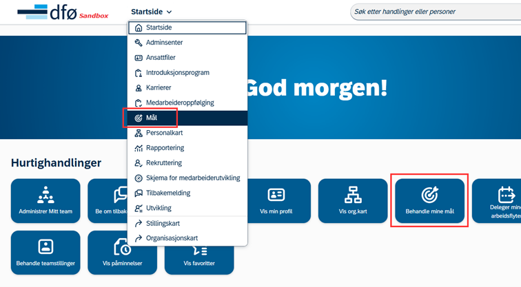 Skjermbilde fra startmenyen i DFØ HR, der "Mål" ligger midt i listen