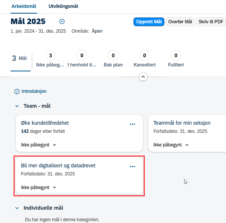 Skjermbilde som viser målkort i målplanen