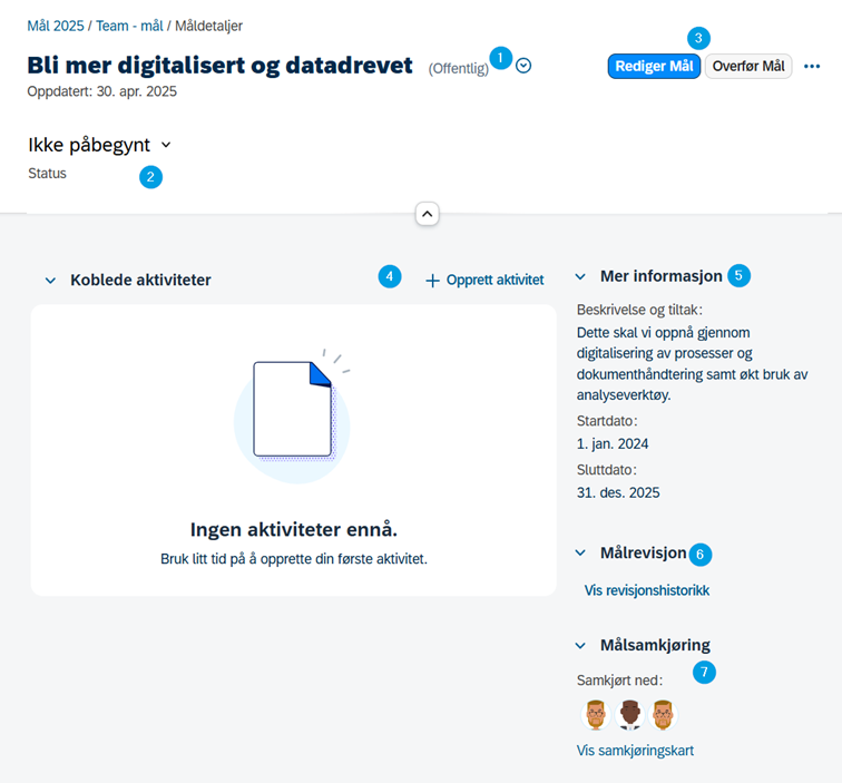 skjermbilde som viser bestanddelene av siden for måldetaljer i DFØ-HR