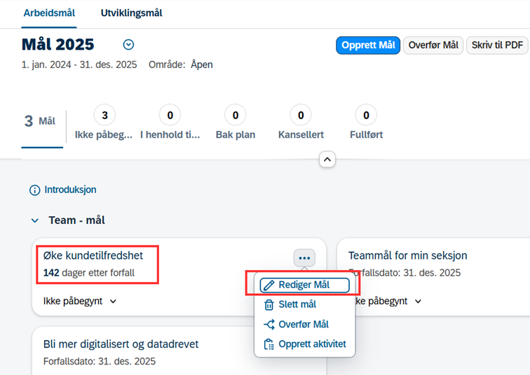 Skjermbilde som viser meny for å redigere mål ifra målplanen i DFØ-HR