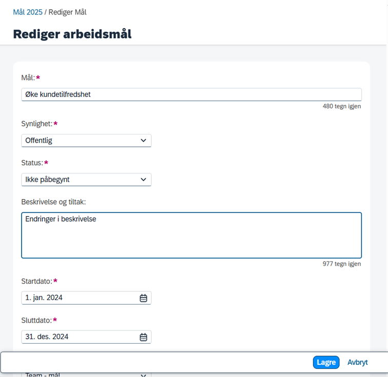 skjermbilde som viser felt for redigering av arbeidsmål i DFØ-HR
