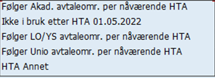Bildet viser verdier for hovedtariffavtale
