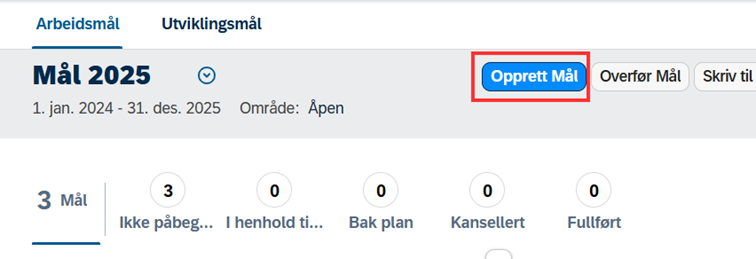 Skjermbilde fra målplanen til arbeidsmål, markering rundt knapp for opprett mål
