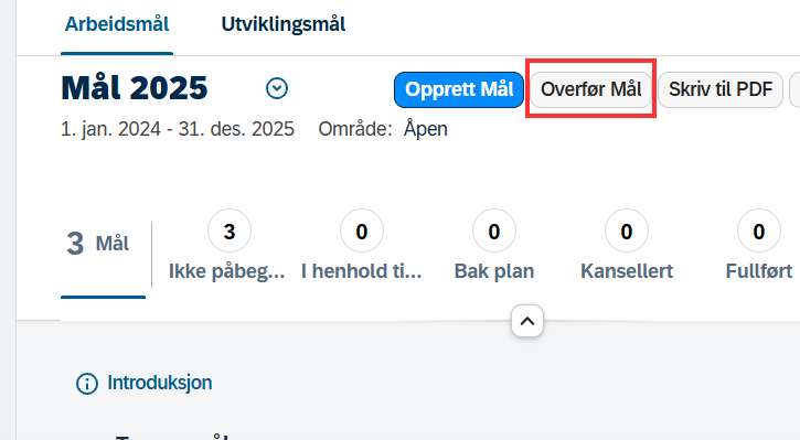 skjermbilde som viser arbeidsmålplan i DFØ-HR, med markert knapp for overføre mål