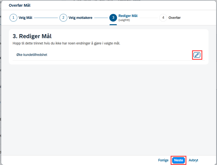 skjermbilde som viser redigering av måldetaljer ved overføring av mål i DFØ-HR