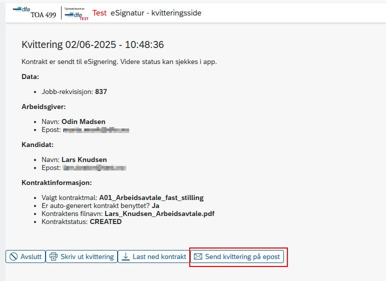 Bilde som viser kvitteringssiden som kommer etter at avtalen er sendt til e-signering. 