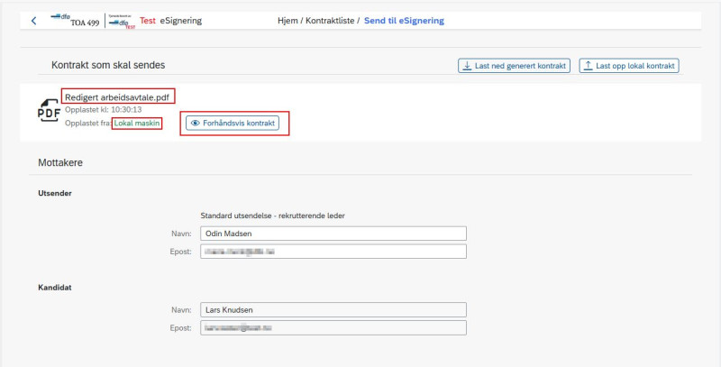 Bilde som viser hvordan du kan forhåndsvise en lokal opplastet e-sgineringsavtale