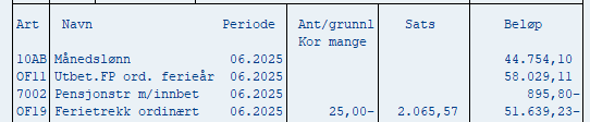 Bildet viser hvordan ferietrekk ser ut på en lønnsslipp fra DFØ.