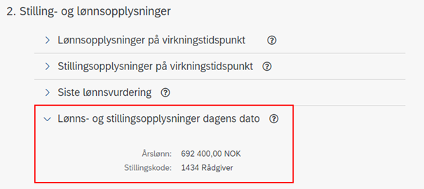 Bilde av lønns- og stillingsopplysninger på dagens dato fra Kravskjema