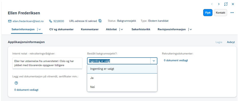 Bildet viser hvor man huker av for "bestått bakgrunnssjekk".