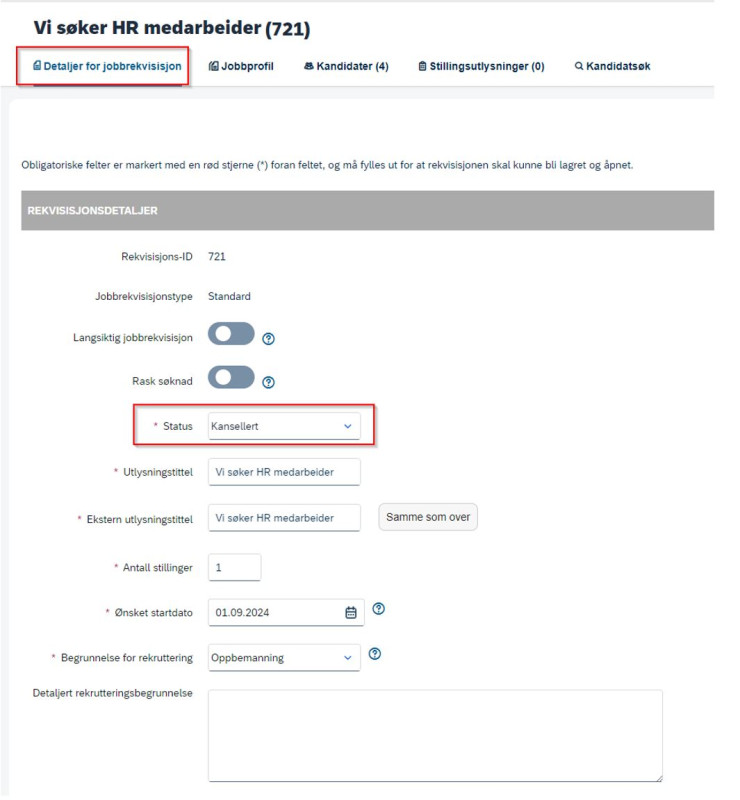 Bildet viser hvor i dfø hr du kansellerer en jobbrekvisisjon.