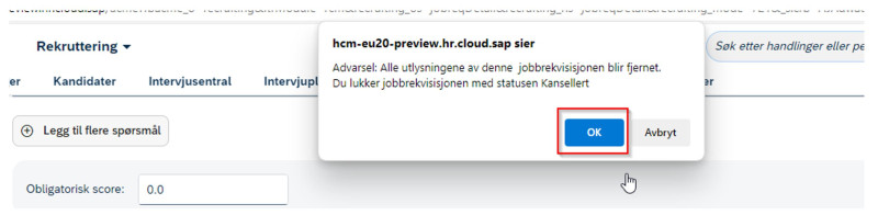 Bildet viser melding som kommer når du kansellerer.