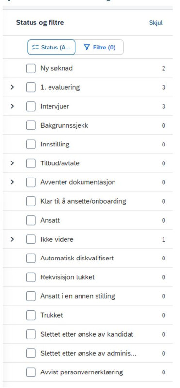 Bildet viser oversikt over alle statusfelt i kandidathåndtering. 