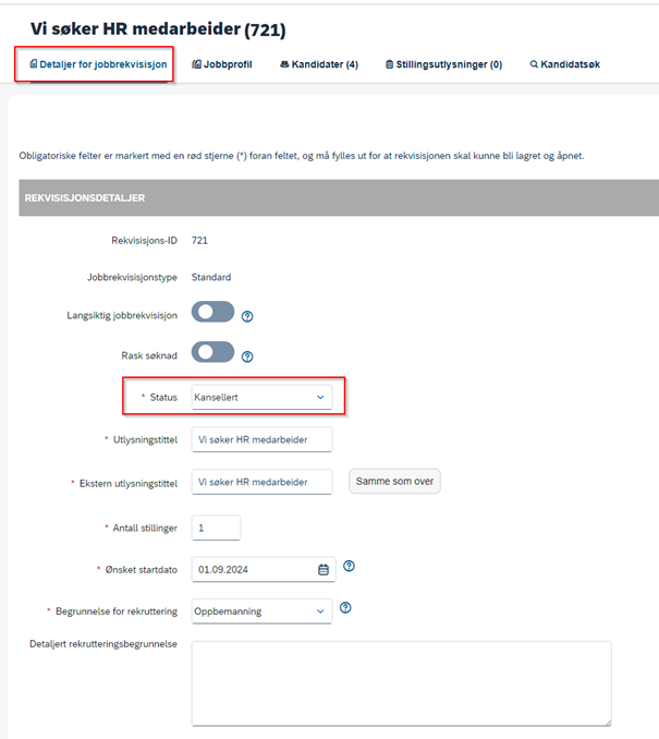 Bildet viser hvor i dfø hr du kansellerer en jobbrekvisisjon.