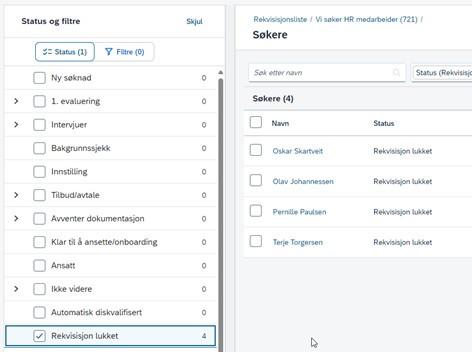Bildet viser hvor kandidatene som ikke er plassert i aktiv status havner. I status "rekvisisjon lukket".