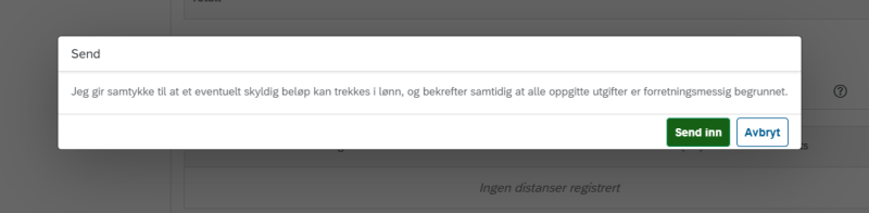 Bildet viser dialogboksen som kommer opp når du sender inn reiseregning.