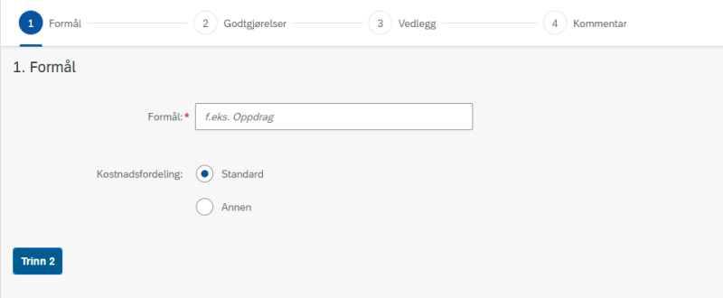 Bildet viser registreringsbildet under trinn 1 - Formål
