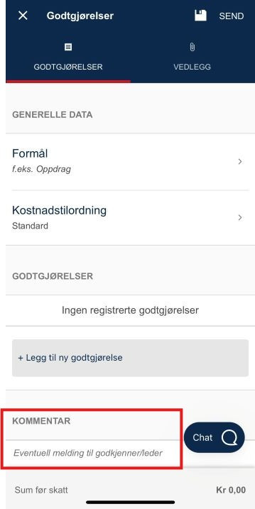 Bildet viser kommentarfeltet under fanen Godtgjørelse.