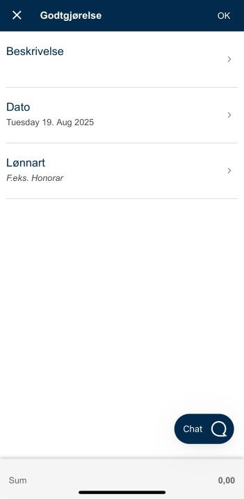 Bildet viser feltene til registrering av godtgjørelse.