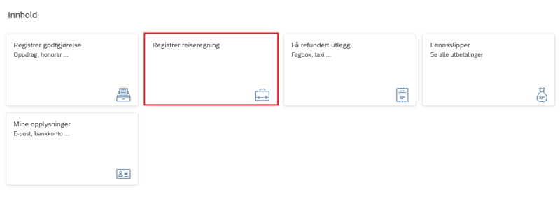 Bildet viser fanen Registrer reiseregning i hovedmenyen