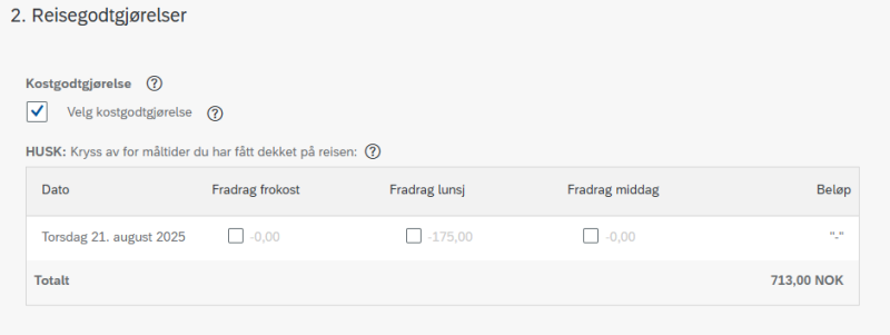 Bildet viser registreringsfeltet for kostgodtgjørelse