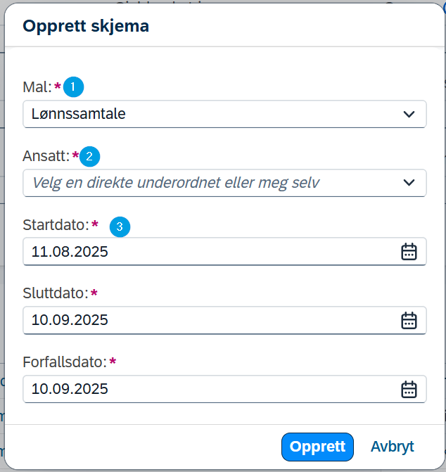 skjermbilde som viser valgene en får ved opprettelse av skjema
