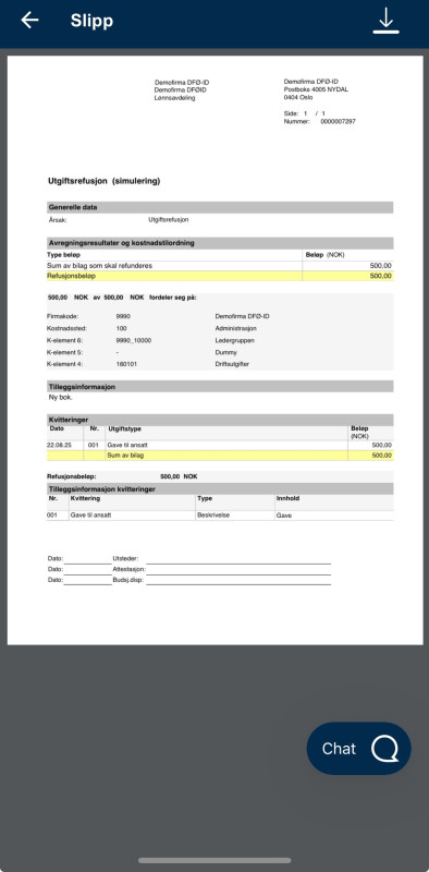 Bildet viser oversikt over utgiftsrefusjonen i PDF-format.