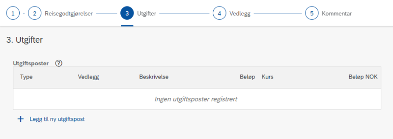 Bildet viser registreringsfeltet til Trinn 3 - Utgifter