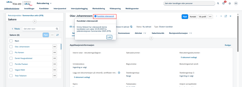 bildet viser hvor du kan se hvem som har videsendt kandidaten og hvilke rekvisisjon kandidaten kom fra. 