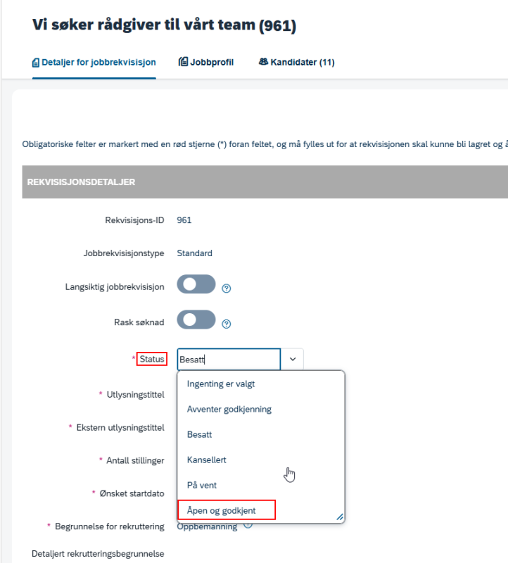 Bilde som viser hvor du endrer status.