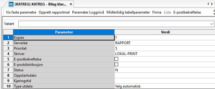 Viser parameterne som er lagt inn